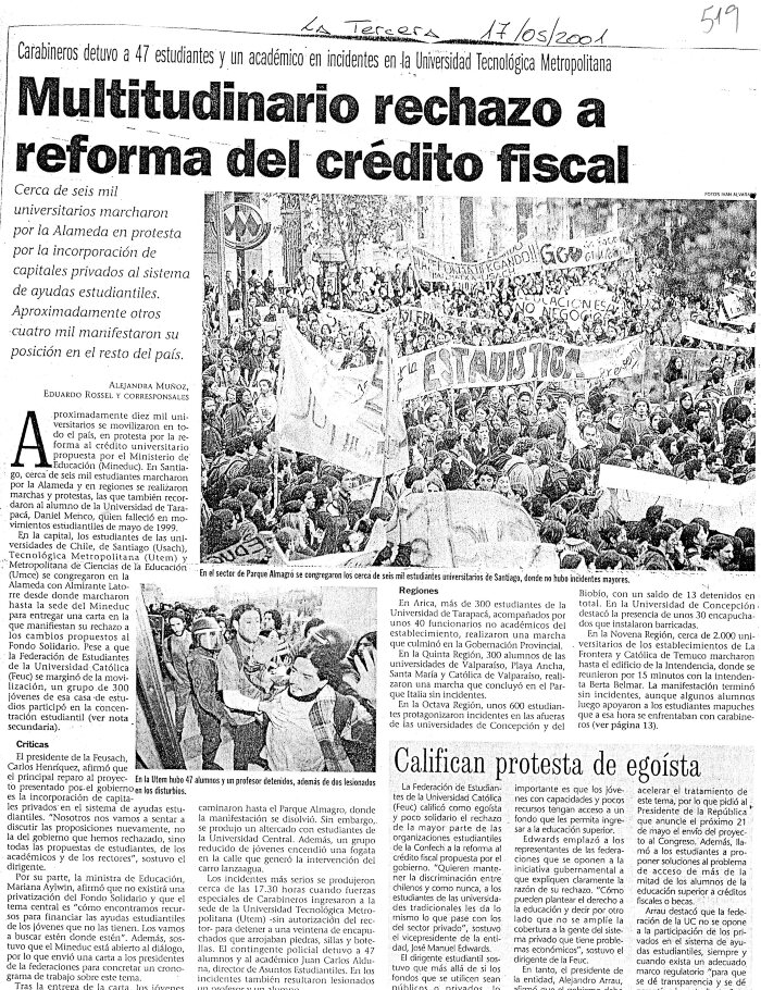 Multitudinario rechazo a reforma del crédito fiscal - La Tercera 17/05/2001