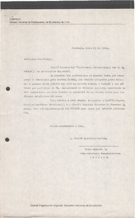 Carta de la CONFECH al Comité Organizador de la Conferencia Internacional con la Juventud y los Estudiantes chilenos