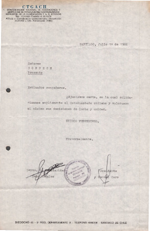 Carta de la Confederación Nacional de Federaciones y Sindicatos de Trabajadores Gastronómicos Hoteleros de la Alimentación