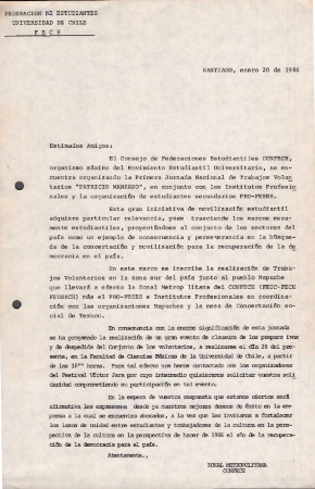 Carta del Zonal Metropolitano a la FECH por los Trabajos Voluntarios CONFECH 1986