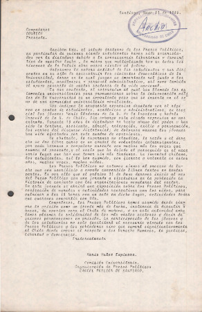 Carta de la Comisión Universitaria de Organización de Presos Políticos de la Cárcel Pública de Santiago (Mayo 1986)