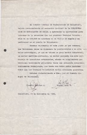 Carta del Comando Comunal de Trabajadores de Talcahuano a la CONFECH