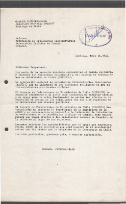 Carta del Zonal Metropolitano de la CONFECH a la Federación de Estudiantes Universitarios de la Universidad Católica de Cuenca