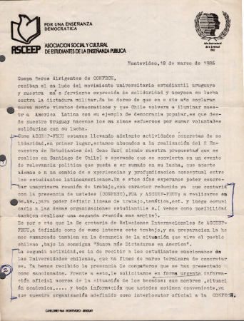 Carta de la Asociación Social y Cultural de Estudiantes de la Enseñanza Pública (Marzo 1986)