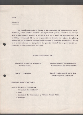 Carta de la CONFECH, Asociación Gremial de Educadores de Chile, PRO - FESES, Comité Pro-Federación de la Educación Superior Particular