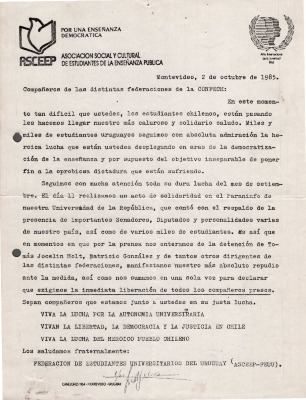 Carta de la Asociación Social y Cultural de Estudiantes de la Enseñanza Pública (Octubre 1985)