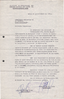 Carta del Sindicato de Trabajadores N°6 de la Empresa Nacional del Carbón a la CONFECH