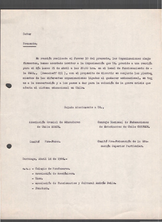 Carta de la CONFECH, Asociación Gremial de Educadores de Chile, PRO - FESES, Comité Pro-Federación de la Educación Superior Particular