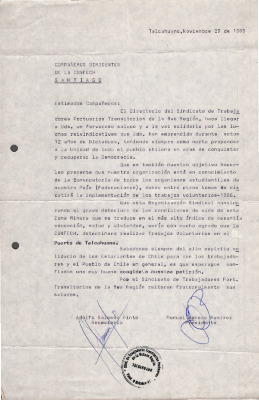 Carta del Directorio del Sindicato de Trabajadores Portuarios Transitorios de la Región del Biobío a la CONFECH