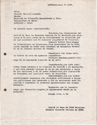 Carta a Decano Joaquín Barceló, por detención de Gonzalo Rovira