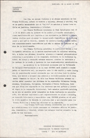 Carta de la Comisión Universitaria de Organización de Presos Políticos de la Cárcel Pública de Santiago (Abril 1986)