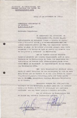 Carta del Sindicato de Trabajadores N°6 de la Empresa Nacional del Carbón a la CONFECH