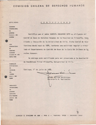 Certificado de Comisión Chilena de Derechos Humanos Asociación de Académicos de filosofía