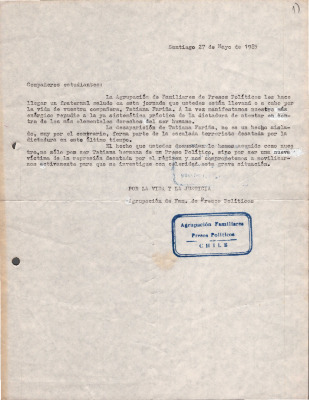 Carta de la agrupación de Familiares de Presos Políticos a la CONFECH