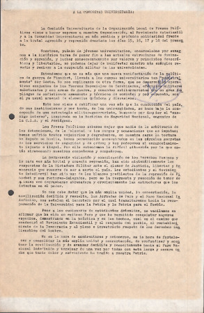 A la Comunidad Universitaria: Carta de la Comisión Universitaria de Organización de Presos Políticos de la Cárcel Pública de Santiago (Abril 1986)