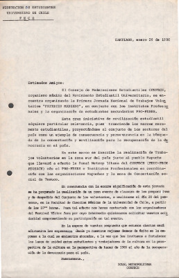 Carta del Zonal Metropolitano a la FECH por los Trabajos Voluntarios CONFECH 1986