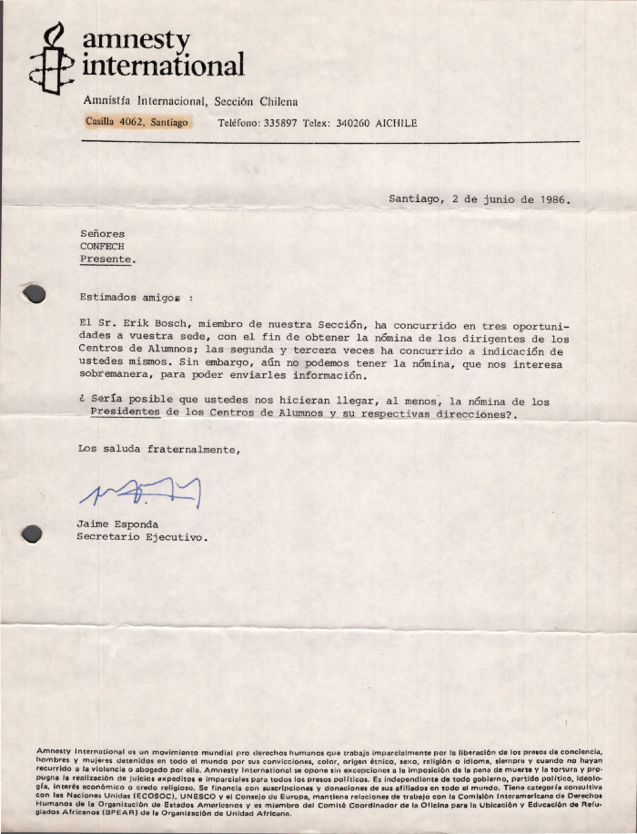 Carta de Amnistía Internacional a la CONFECH