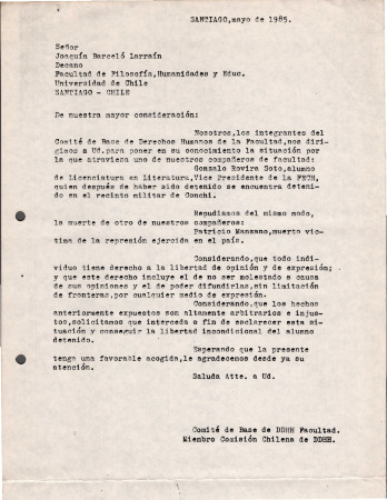 Carta a Decano Joaquín Barceló, por detención de Gonzalo Rovira