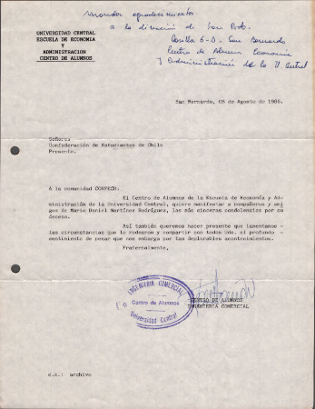 Carta del Centro de Alumnos de la Escuela de Economía y Administración de la Universidad Central