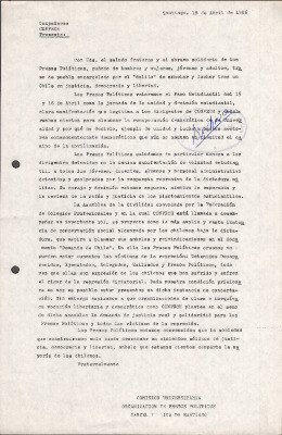 Carta de la Comisión Universitaria de Organización de Presos Políticos de la Cárcel Pública de Santiago (Abril 1986)