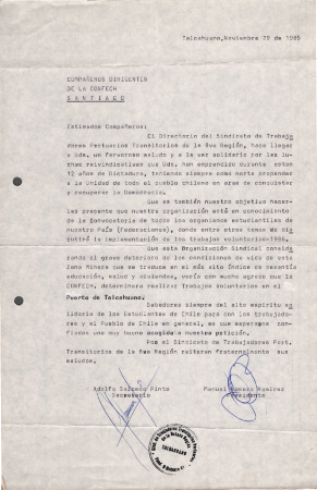 Carta del Directorio del Sindicato de Trabajadores Portuarios Transitorios de la Región del Biobío a la CONFECH