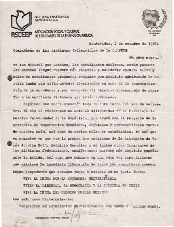 Carta de la Asociación Social y Cultural de Estudiantes de la Enseñanza Pública (Octubre 1985)