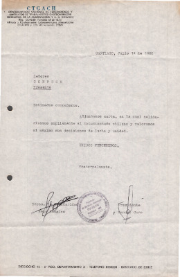 Carta de la Confederación Nacional de Federaciones y Sindicatos de Trabajadores Gastronómicos Hoteleros de la Alimentación