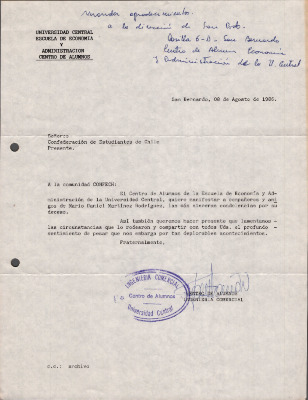 Carta del Centro de Alumnos de la Escuela de Economía y Administración de la Universidad Central