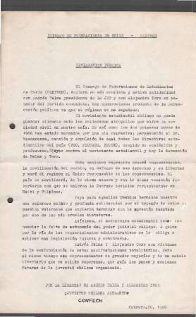 Declaración pública de la CONFECH en relación a las detenciones de Andrés Palma y Alejandro Toro