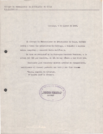 Invitación de la CONFECH a la misa de Mario Martínez