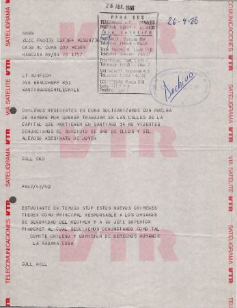 Telegrama de chilenos residentes en Cuba a la CONFECH (abril 1986)