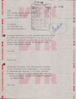 Telegrama de chilenos residentes en Cuba a la CONFECH (abril 1986)