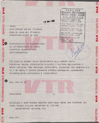 Telegrama de la  Federación Estudiantil Universitaria de Cuba a la CONFECH