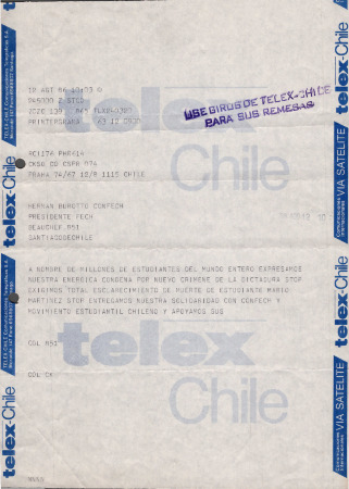 Telegrama de estudiantes de Praga a la CONFECH