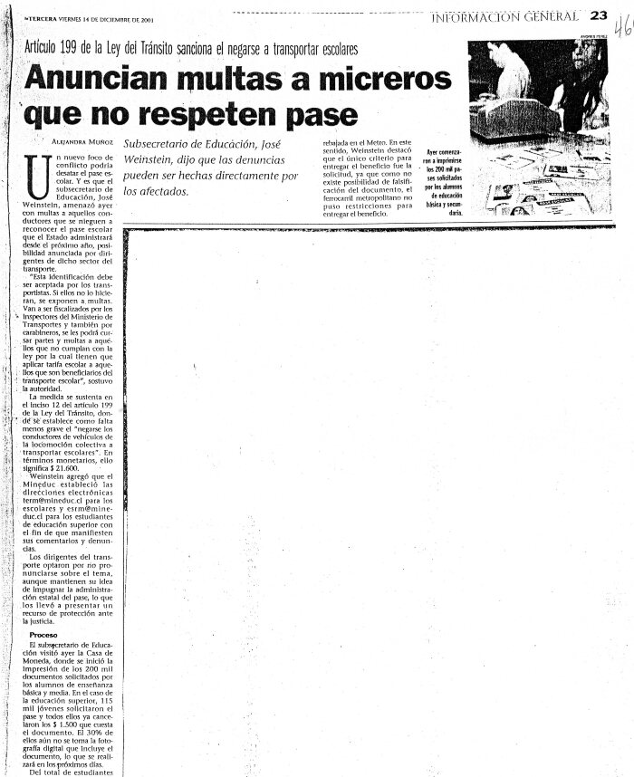 Anuncian multas a micreros que no respeten el pase - 2001-12-14 - La Tercera