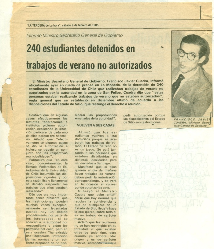 240 estudiantes detenidos en trabajos de verano no autorizados - 1985-02-19 - La Tercera
