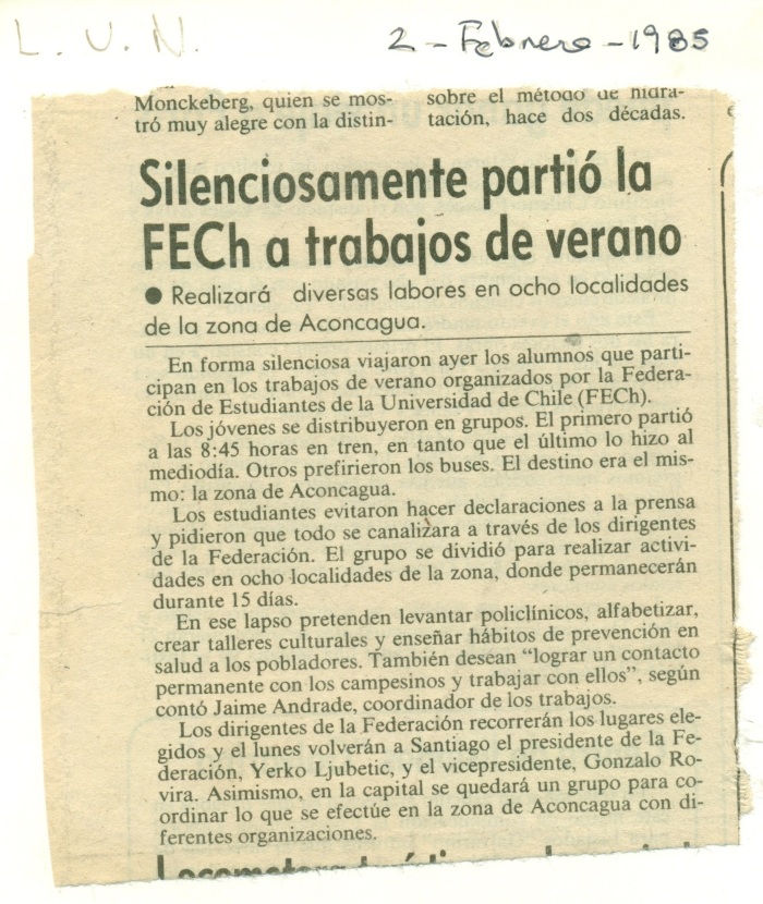 Silenciosamente partió la FECh a trabajos de verano - 1985-02-02 - Las Últimas Noticias