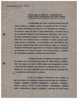 Informe sobre gestación y realización del Primer Festival Universitario del Canto Popular 