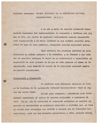 Discurso inaugural: primer seminario de la ACU