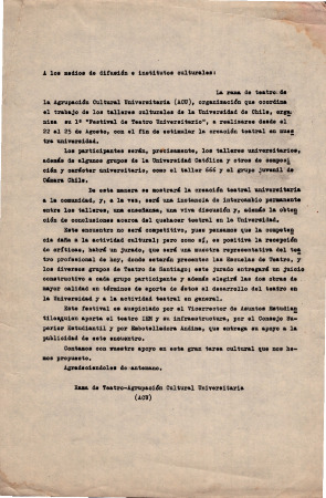 A los medios de difusión e institutos culturales (1° Festival de teatro universitario)