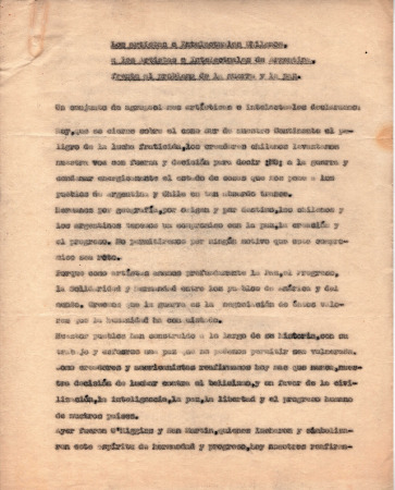 Los artistas e intelectuales chilenos a los artistas e intelectuales de Argentina frente al problema de la guerra y la paz