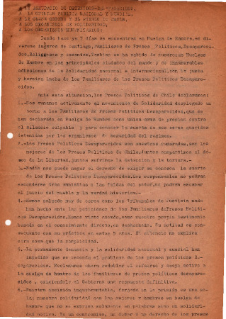 "A la agrupación de detenidos-desaparecidos
A la opinión pública nacional y mundial
A la clase obrera y el pueblo de Chile
A los organismos de solidaridad
A los organismos humanitarios"