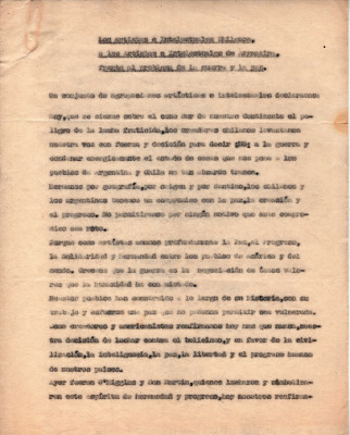 Los artistas e intelectuales chilenos a los artistas e intelectuales de Argentina frente al problema de la guerra y la paz