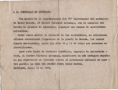 A la comunidad de ANTUMAPU
