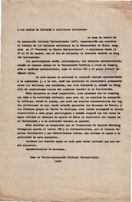 A los medios de difusión e institutos culturales (1° Festival de teatro universitario)