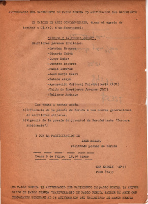 Aniversario del nacimiento de Pablo Neruda. 75 aniversario del nacimiento.