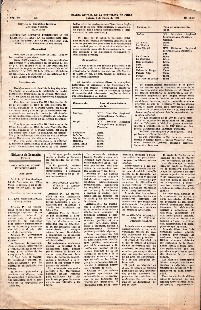 Diario Oficial. Fija normas sobre universidades.