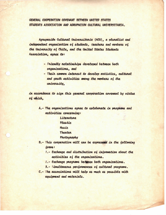 Acuerdo general entre la Agrupación Cultural Universitaria (ACU) y la Unión Nacional de Estudiantes de Estados Unidos de Norteamérica
