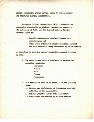 Acuerdo general entre la Agrupación Cultural Universitaria (ACU) y la Unión Nacional de Estudiantes de Finlandia