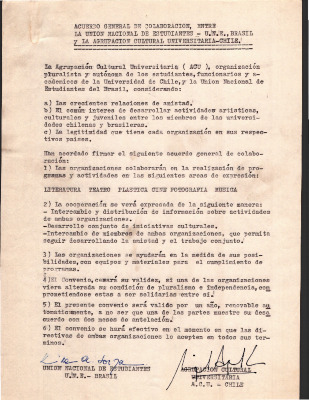 Acuerdo general de colaboración entre la Unión Nacional de Estudiantes U.N.E Brasil y la ACU Chile